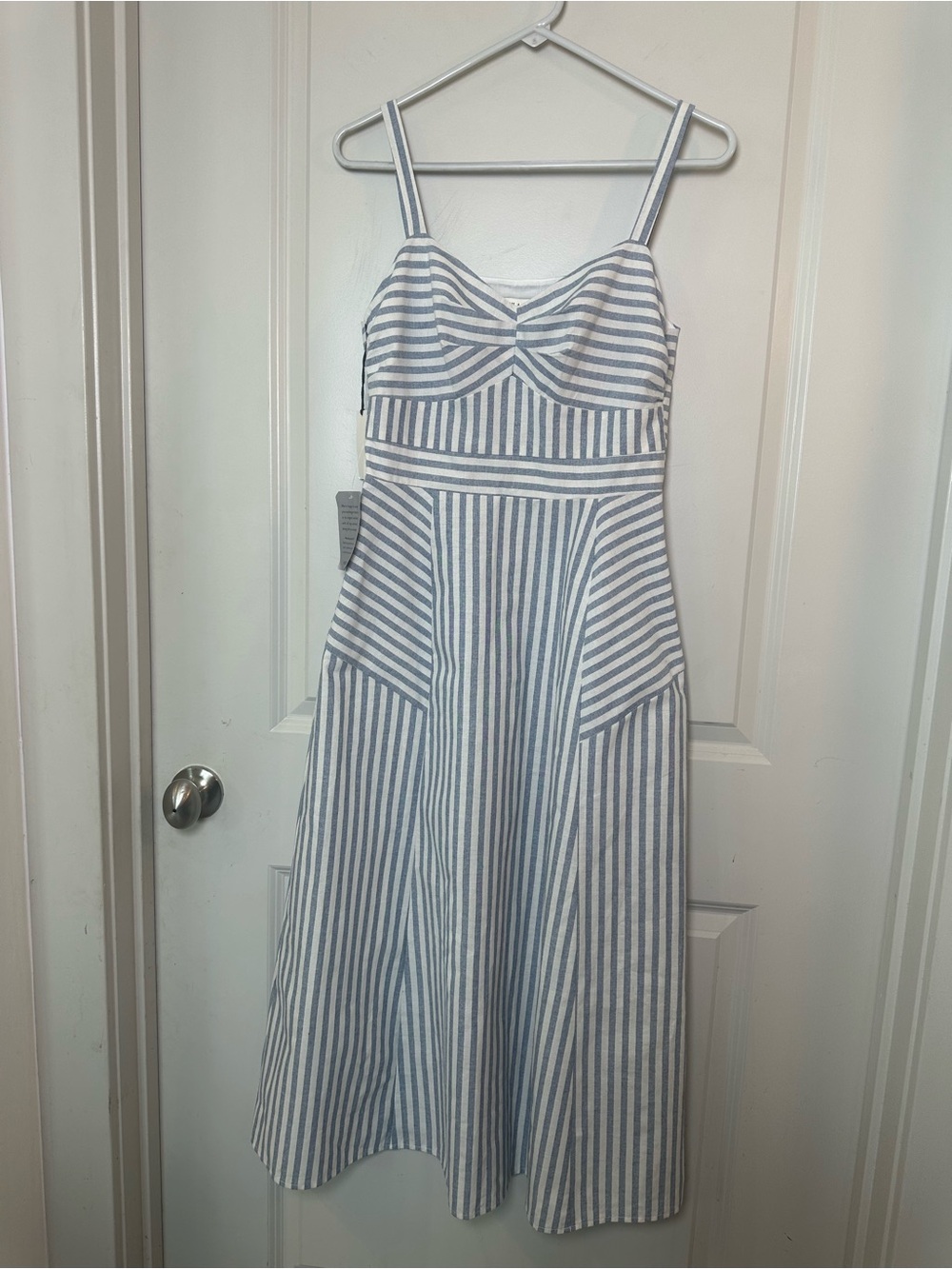 NEW MILA MAE Cotton/ Linen Striped Nautical Blue & White Midi Dress, Small